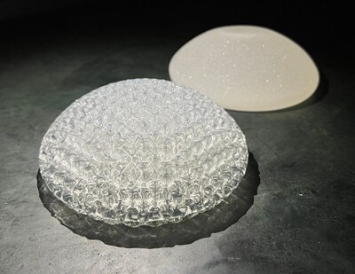CollPlant announces six-month study data from its regenerative breast implant program, which uses a 200cc commercial-size bioprinted breast implant (in front).